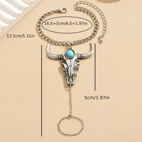 Boho Western Turquoise Bull Head Finger Stainless Steel Bracelet - Picture 4 of 5